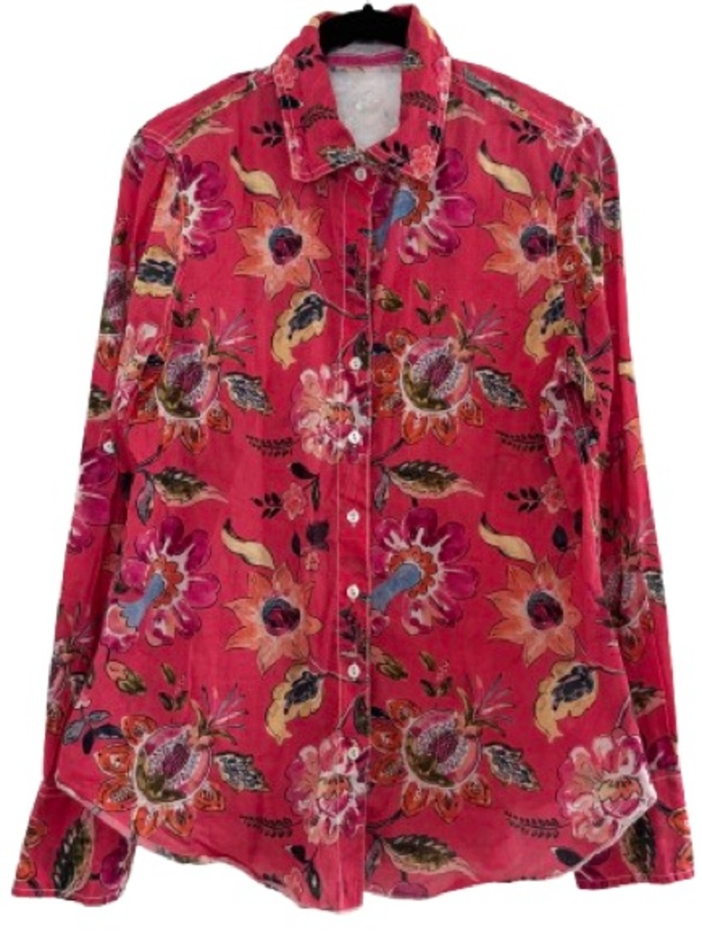 Cino Red Pink Floral Crinkle Long Sleeve Button Down Roll Up Shirt Cotton